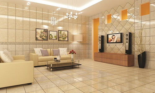 Có thể chọn gạch ốp phòng khách có gam màu trung tính, đồng nhất với gam màu của nội thất.