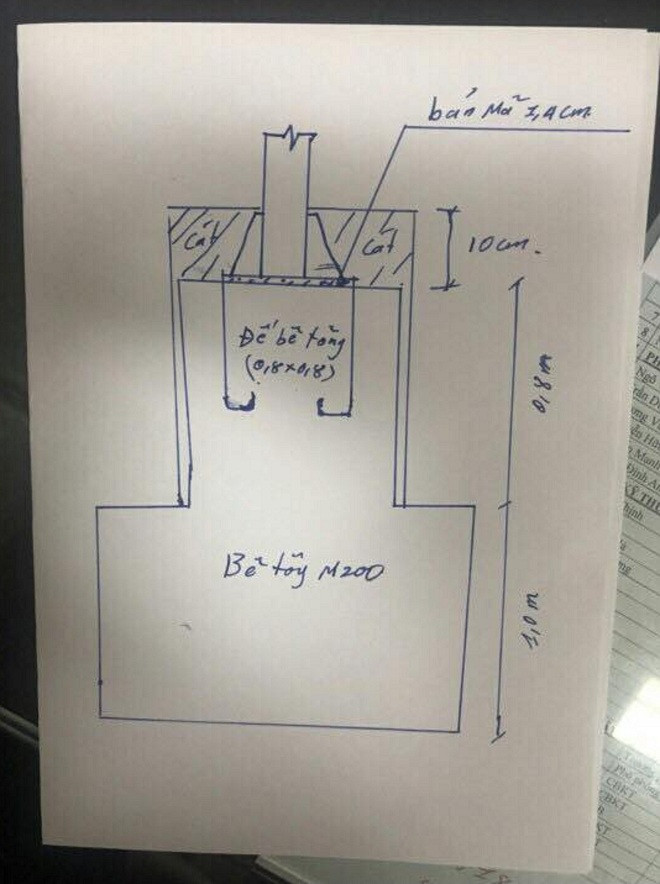 Bản mô phỏng lại thiết kế trụ cổng chào, phần cát là phần đệm do đơn vị thi công thêm vào.