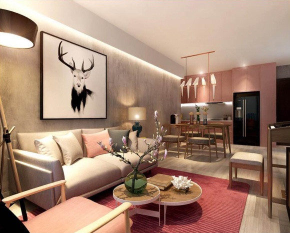 Căn hộ của Trung Quân được thiết kế khá sang trọng, hiện đại với tone màu hồng và ghi là chủ đạo. Ngoài ra, tranh treo tường và đèn chiếu sáng rất lạ mắt.