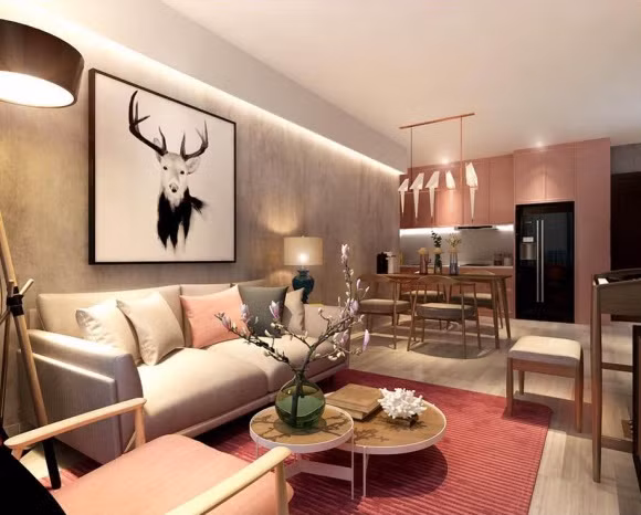 Căn hộ của Trung Quân được thiết kế khá sang trọng, hiện đại với tone màu hồng và ghi là chủ đạo. Ngoài ra, tranh treo tường và đèn chiếu sáng rất lạ mắt.