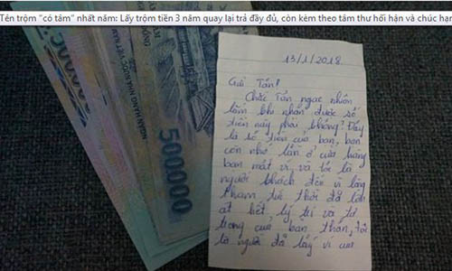 Bức tâm thư kèm số tiền tên trộm gửi trả lại anh Tân sau 3 năm lấy cắp. (Ảnh: Zing).