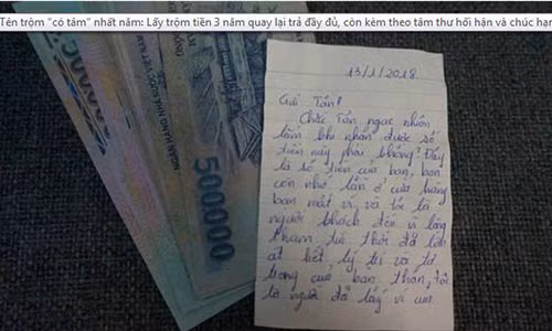 Bức tâm thư kèm số tiền tên trộm gửi trả lại anh Tân sau 3 năm lấy cắp. (Ảnh: Zing).