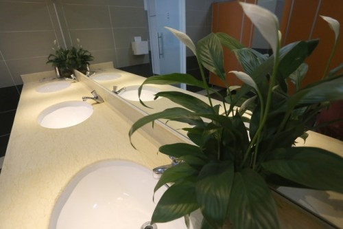 Riêng phòng vệ sinh dành cho người khuyết tật được thiết kế khác biệt và được trang bị những dụng cụ hỗ trợ cần thiết. Phòng rộng gần 10m2 giúp người khuyết tật có thể thoải mái trong quá trình sử dụng.