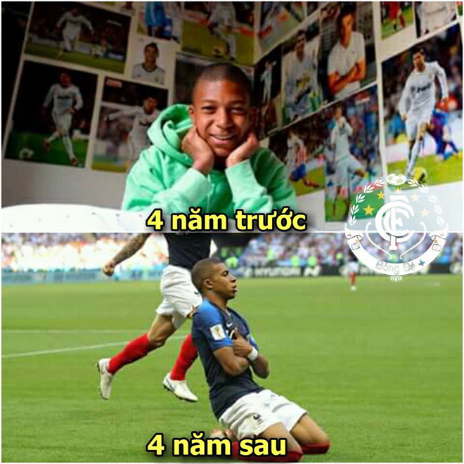 4 năm trước Mbappe còn là cậu bé nhỏ con trong căn phòng dán đầy poster của thần tượng Cristiano Ronaldo. 4 năm sau, anh đã là cầu thủ đắt giá thứ hai hành tinh và cùng "Les Bleus " làm nên lịch sử tại World Cup. Ảnh: Bóng Đá +.