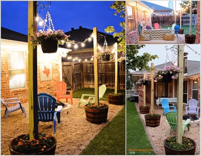 Những cây cột treo hoa lá điểm tô cho góc sân hay khoảng vườn sẽ thêm ấn tượng hơn nhờ ý tưởng đặt thùng rượu phía dưới từng chiếc cột. Bỏ đất vào bên trong và trồng hoa xung quanh. Với những ai yêu cây cỏ, hoa lá chắc chắn sẽ không thể bỏ qua ý tưởng tuyệt vời này.