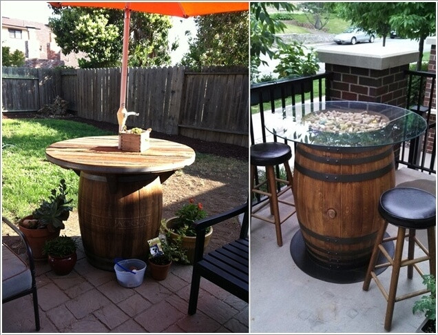 Một thùng rượu cỡ lớn được đặt thêm mặt bàn rộng. Bạn chỉ cần mua thêm ghế phù hợp với diện tích góc đặt bàn cũng như chiều cao của thùng rượu là đủ mang lại niềm vui đón xuân cho mọi người trong gia đình.