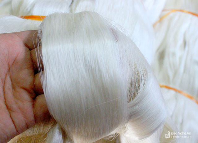 Đầu năm 2018, giá kén tăng nên người dân xã Diễn Kim, Diễn Châu tích cực sản xuất tơ tằm trắng. Loại tơ trắng này đắt hơn tơ vàng 200.000 đồng/kg. Tơ tinh trắng hiện có giá 1 triệu đồng/kg làm từ kén trắng loại 1. Mỗi năm xã Diễn Kim sản xuất được gần 7 tấn tơ loại này. Ảnh: Quang An