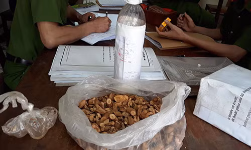 Chai rượu và một gói rễ cây được thu giữ sau khi vụ ngộ độc xảy ra.