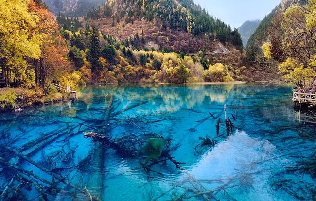 9. Thung lũng Jiuzhaigou Công viên quốc gia này ở Trung Quốc rất nổi tiếng với các hồ nước xanh tươi sinh động và những thác nước tuyệt đẹp. Một số hồ nước trong veo khiến bạn có thể nhìn thấy đáy của chúng ngay cả ở những chỗ cực sâu. Một số hồ khác lại chứa các mỏ canxi cacbon có hình dáng thú vị. Ví dụ, những trầm tích ở dưới cùng của một hồ, giống như một con rồng đang ngủ.