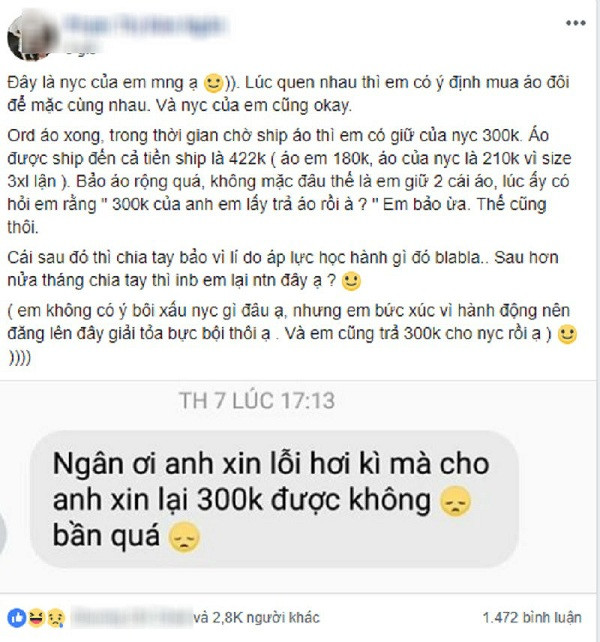 Hau chia tay, anh chang nhan tin “xin lai” 300.000 dong tien mua ao doi