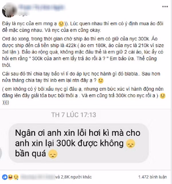 Hau chia tay, anh chang nhan tin “xin lai” 300.000 dong tien mua ao doi