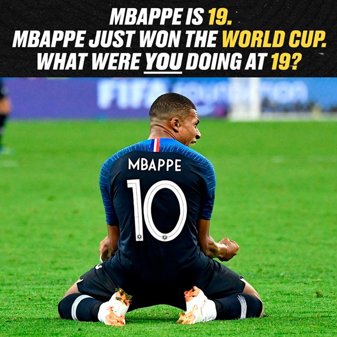 Kylian Mbappe ghi tên mình vào lịch sử World Cup khi mới 19 tuổi 207 ngày. Ảnh: 9GAG.