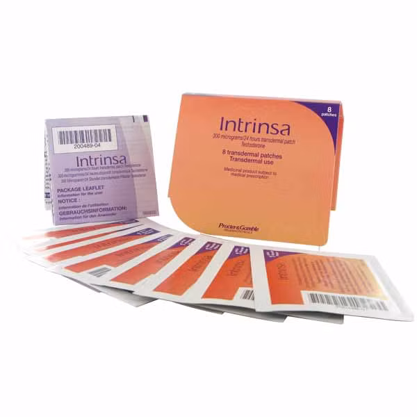 INTRINSA (Miếng dán). Chỉ định: Ham muốn thấp ở phụ nữ sau khi cắt bỏ buồng trứng và tử cung. Tác dụng phụ: Phát triển các đặc tính sinh học nam (giọng trầm hơn, khàn hơn), mụn trứng cá, các rối loạn tim mạch và gan, tăng cân.