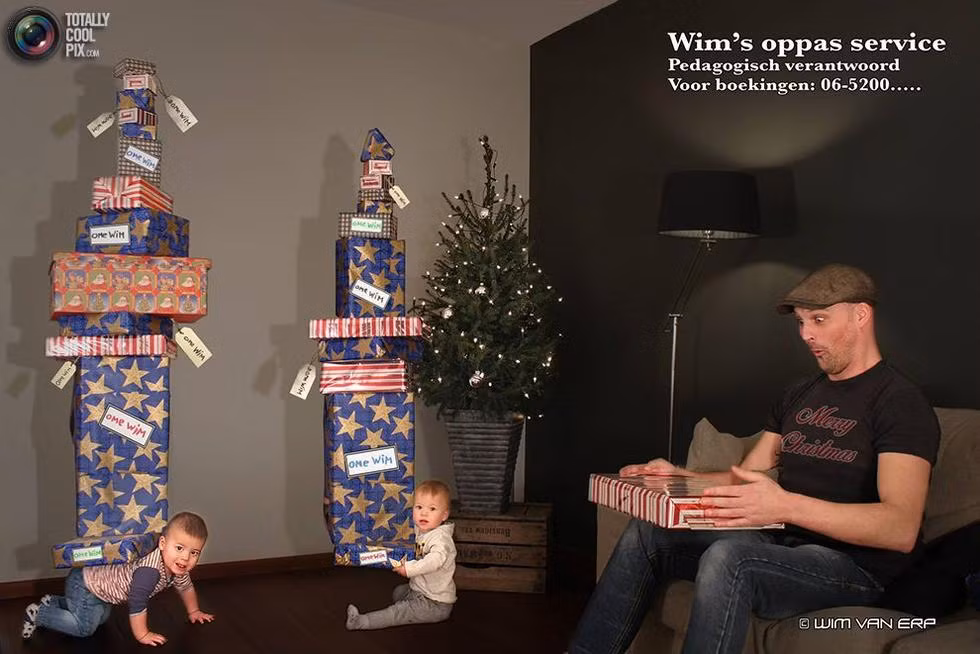 Tuy nhiên, nhiếp ảnh gia Hà Lan Wim Van Whirlpool lại không nghĩ như vậy. Anh đã sử dụng máy ảnh của mình và công nghệ PS ghi lại những giây phút hạnh phúc của chính mình với cặp sinh đôi. Nhìn có vẻ nguy hiểm nhưng lại chẳng hề có chuyện gì xảy ra.