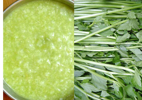 Cháo rau cần. Rau cần tính mát, vị ngọt, có công dụng thanh nhiệt lợi thủy, là món ăn tốt cho người bệnh gút giai đoạn cấp tính. Lấy 1 nắm rau cần, nguyên rễ rau. Sau đó rửa sạch thái nhỏ. Cho rau, gạo tẻ và nước vào nồi ninh nhừ. Khi ăn thêm gia vị cho vừa miệng. Ảnh: amthucgiadinh 