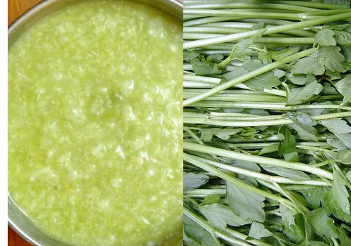 Cháo rau cần. Rau cần tính mát, vị ngọt, có công dụng thanh nhiệt lợi thủy, là món ăn tốt cho người bệnh gút giai đoạn cấp tính. Lấy 1 nắm rau cần, nguyên rễ rau. Sau đó rửa sạch thái nhỏ. Cho rau, gạo tẻ và nước vào nồi ninh nhừ. Khi ăn thêm gia vị cho vừa miệng. Ảnh: amthucgiadinh 