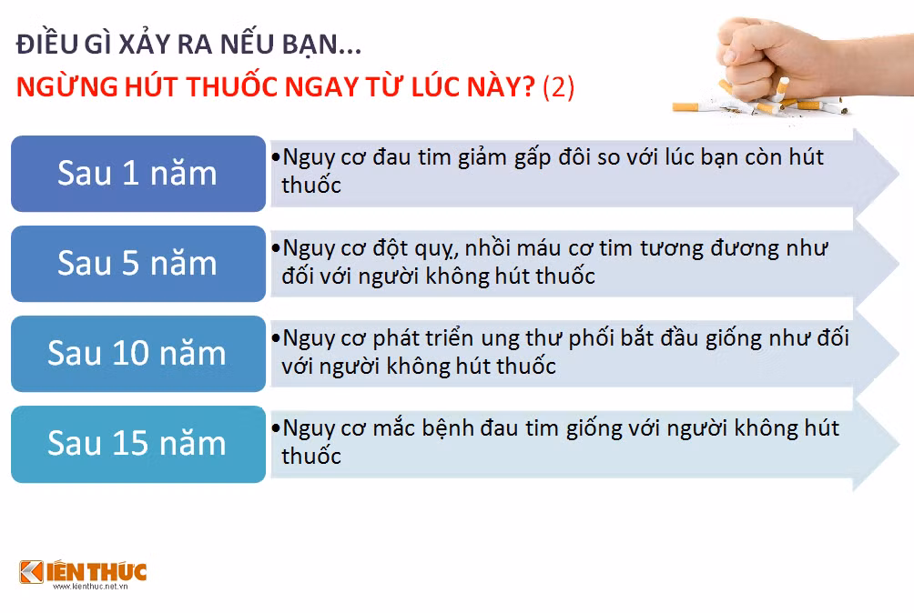 Từ bỏ vĩnh viễn thuốc lá ngay từ bây giờ sẽ giúp bạn có cơ hội lấy lại sức khỏe mà bạn đáng được tận hưởng. Nguy cơ về các bệnh tim mạch, thậm chí cả ung thư cũng có thể giảm thiểu, bạn hoàn toàn có thể trở về trạng thái an toàn như một người chưa hề hút thuốc.