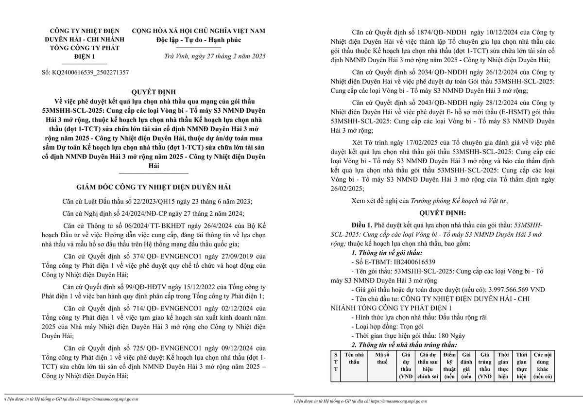 Nhiet dien Duyen Hai: Cong ty 3T Cong Nghiep trung 2 goi thau cung cap vong bi