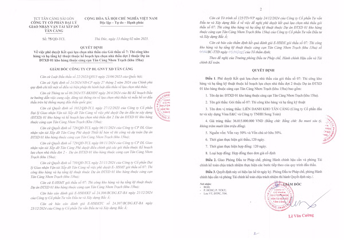 Lien danh 2 nha thau trung goi thi cong tai Tan Cang Nhon Trach