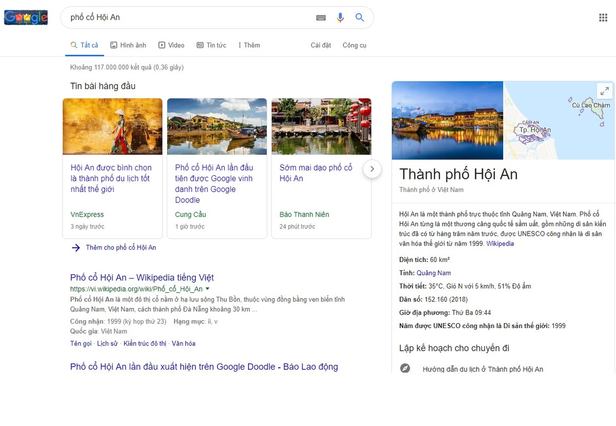 Click vào biểu tượng Chùa Cầu Hội An trên Google Doodles, người dùng sẽ đến ngay trang hiển thị kết quả tìm kiếm về từ khóa " phố cổ Hội An". Ngay lập tức, Google cung cấp đến 170 triệu kết quả có liên quan đến Hội An. Do được đặt liên kết tĩnh đến Google Doodles, hiển thị ngay trang tìm kiếm đầu tiên của Google nên hình ảnh đồ họa nêu trên đã trực tiếp làm tăng lưu lượng tìm kiếm về "phố cổ Hội An" tăng đột biến vào sáng 16/7.