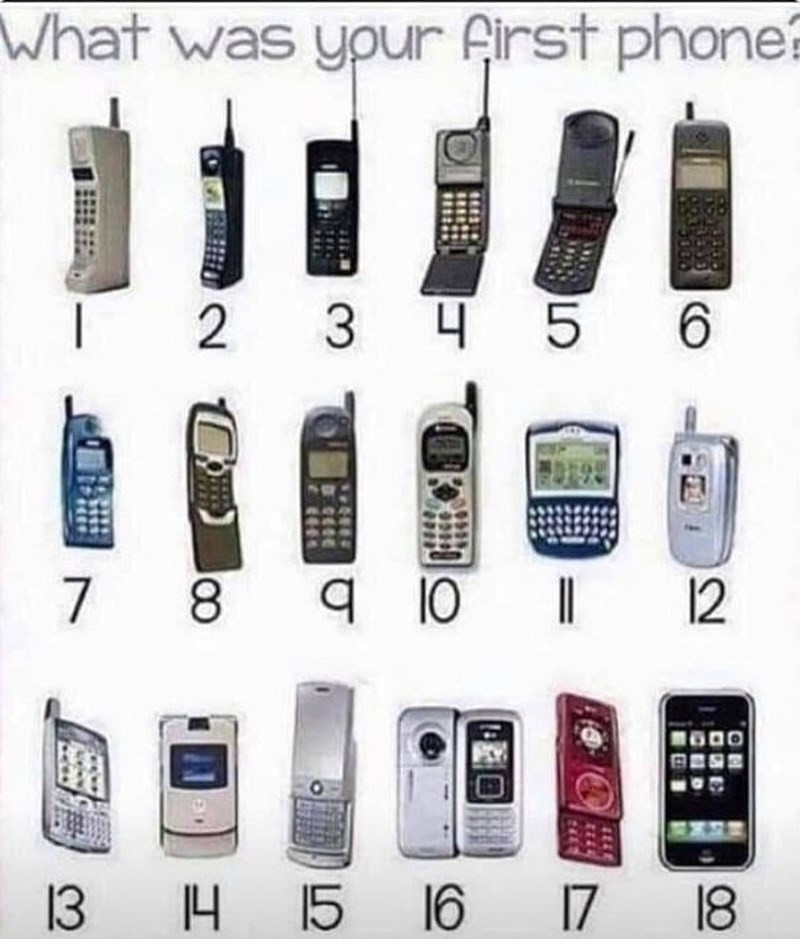 Bức hình của Angelina McFeron đăng tải liệt kê 18 loại điện thoại di động xuất hiện từ năm 1973 đến nay. Trong đó, chiếc điện thoại di động đầu tiên là Motorola DynaTAC 8000x ra đời năm 1973, được bán lần đầu tiên trên thị trường vào năm 1983 với giá 3.995 USD, và mất 10 giờ để sạc đầy pin cho nó.