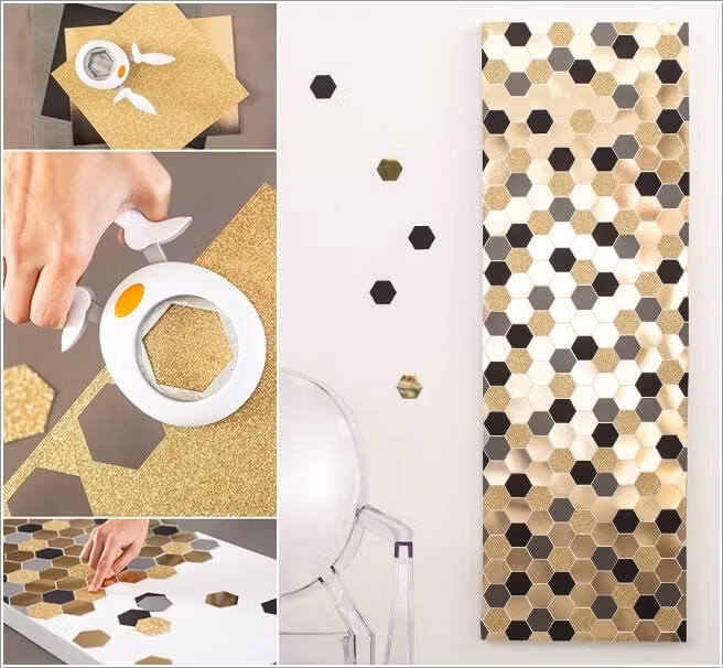 Việc của bạn là mua một chiếc kéo cắt giấy với hình kim cương, và một vài tờ giấy nhũ với màu đen, ghi, trắng và vàng. Chuẩn bị một tấm gỗ nhỏ, bạn sẽ cắt lần lượt những ô hình kim cương và tỉ mẩn dán kín tấm gỗ đó. Treo chúng lên bất kỳ góc nhỏ nào mà bạn yêu thích. Vẻ đẹp của tác phẩm nghệ thuật này sẽ khiến mọi người vô cùng bất ngờ. Cách trang trí này rất tiết kiệm với kinh phí chỉ khoảng 50.000 đồng. 