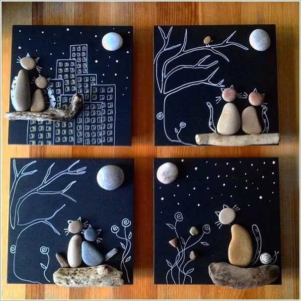 Hay những viên sỏi, một vài nét phác hoạ từ bút nhũ là đủ để có được những bức tranh siêu dễ thương làm đẹp cho góc nghỉ ngơi hàng ngày của gia đình.