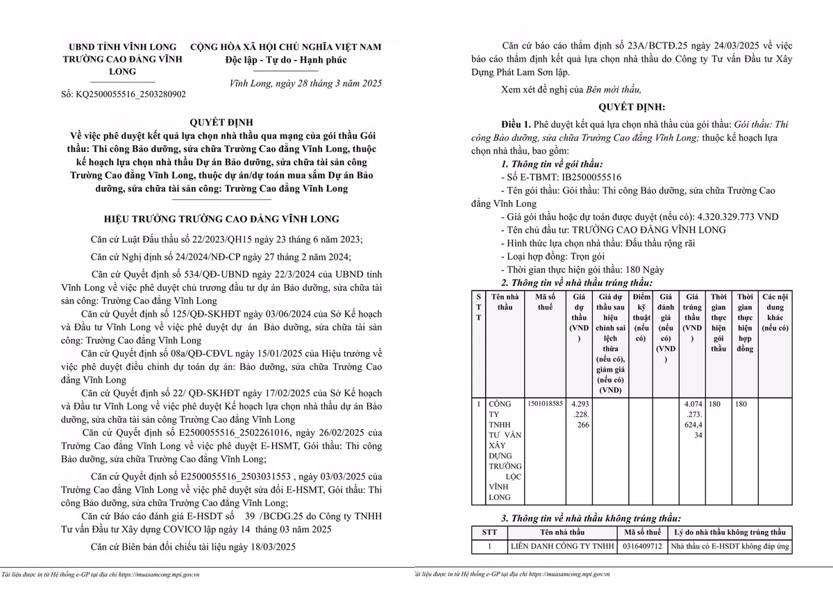 Cong ty Truong Loc Vinh Long trung thau sua chua Truong CD Vinh Long