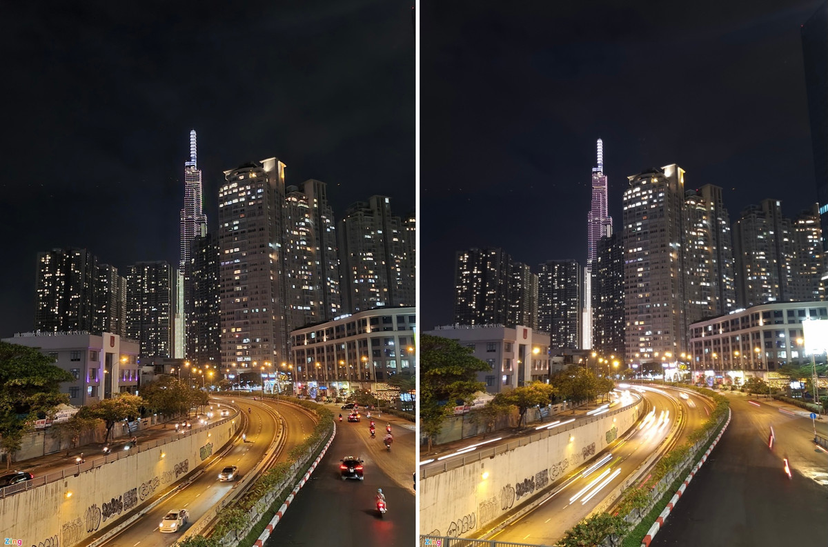 So sánh ảnh chụp đêm của máy ảnh chuyên nghiệp (ảnh phải), chất ảnh của Galaxy S21+ 5G (ảnh trái) không thua kém.