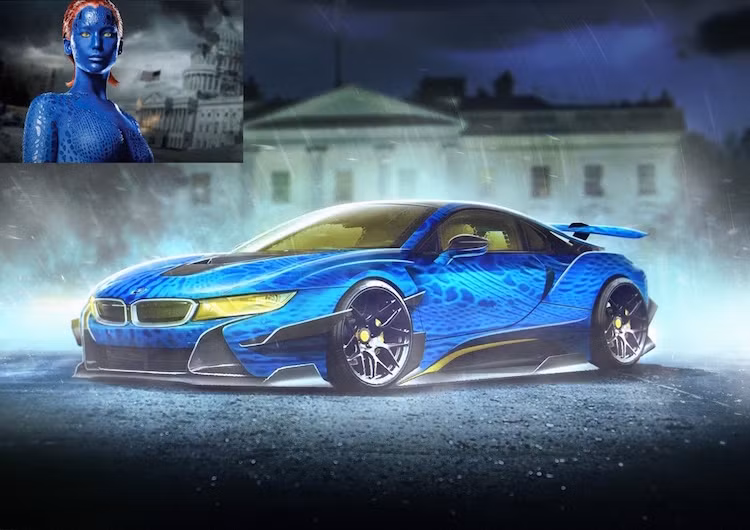 Một đối thủ khác của X-Men là nữ siêu nhân biến hình Mystique sẽ lái BMW i8, do mẫu siêu xe này có khả năng biết đổi linh hoạt từ một mẫu xe điện thành xe chạy xăng hoặc hybrid.