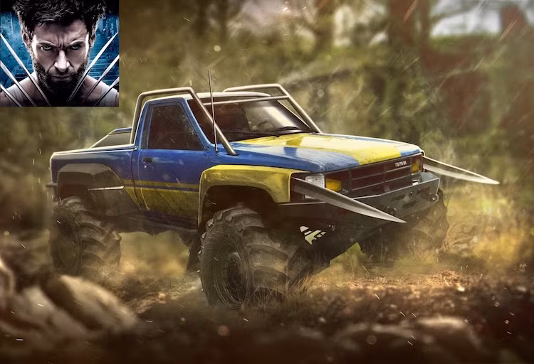 Với hình ảnh mạnh mẽ và đầy "lông lá", Người Sói Wolverine sẽ phải có một mẫu xe cực "phủi" đi kèm. Được mệnh danh là mẫu xe "không thể bị phá hủy", Toyota Hilux sẽ phù hợp với Wolverine nếu có thêm cặp lốp "khủng" của Monster Truck và những lưỡi dao có khả năng thu gọn.