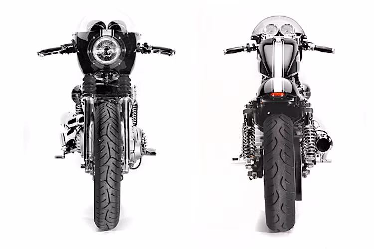 Để khiến chiếc xe có dáng thể thao hơn, Greg đã hạ thấp phuộc trước nguyên bản của Sportster, sau đó thay cặp vành nguyên bản của xe bằng niềng nhôm siêu nhẹ Buchanan Sun và nan hoa thép không rỉ. Phong cách cafe racer cũng được thể hiện rõ qua quây gió trùm kín đèn pha.