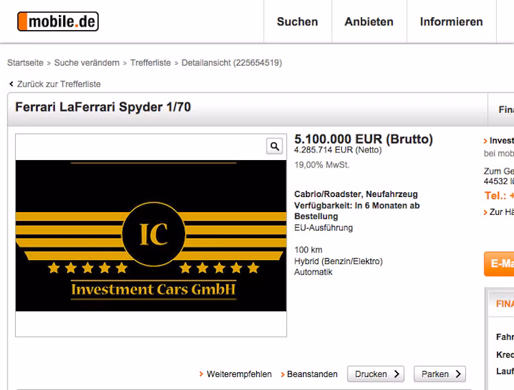 Vừa qua trên trang web rao vặt về xe Mobile.de của Đức, một công ty chuyên "đầu cơ" xe nổi tiếng có tên Investment Cars đã đăng rao vặt thông báo bán chiếc siêu xe mui trần đỉnh cao Ferrari LaFerrari Spider, dù hiện tại chiếc xe này vẫn chưa được ra mắt.