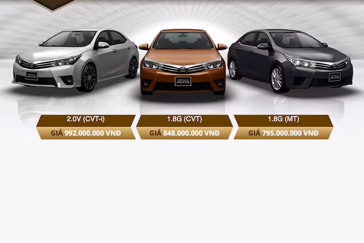  Corolla Altis mới 2016 sẽ chính thức có mặt tại toàn bộ hệ thống đại lý của TMV trên toàn quốc kể từ ngày 17/5/2016, với giá khởi điểm từ 795 triệu đồng cho phiên bản 1.8G số sàn và lên tới 992 triệu đồng cho bản cao cấp 2.0V CVT-i.