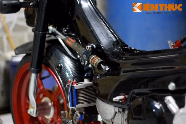 Dè trước nguyên bản của Chaly đã được dán vân carbon để chiếc xe trông bắt mắt hơn. Cặp phuộc trước nguyên bản của Chaly được giữ nguyên, nhưng có thêm cây trợ lực Bitubo gắn với khung xe phía bên trái.