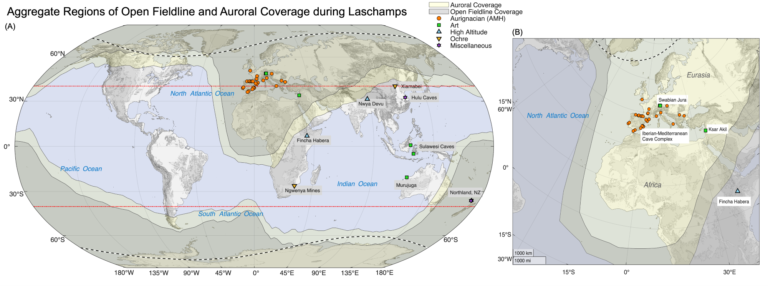 Theo nhóm nghiên cứu, vào 41.000 năm trước, từ trường Trái Đất suy giảm còn 10% sức mạnh hiện tại, khiến cực quang xuất hiện trên bầu trời khắp châu Âu và Bắc Phi. Đây cũng là thời điểm mà người Homo sapiens đã chứng tỏ khả năng thích nghi tuyệt vời. Ảnh: Agnit Mukhopadhyay, University of Michigan.