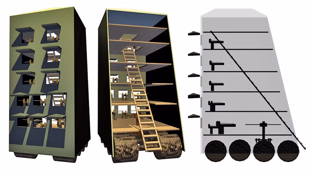 Siêu vũ khí Helepolis nặng khoảng 160 tấn. Để vận hành cỗ máy này cần phải 3.400 binh sĩ. Bên trong siêu vũ khí này có nhiều tầng để bố trí nhiều nhóm binh sĩ sử dụng nhiều loại vũ khí khác nhau khi tấn công, đánh chiếm thành trì. Ảnh: Evan Mason.