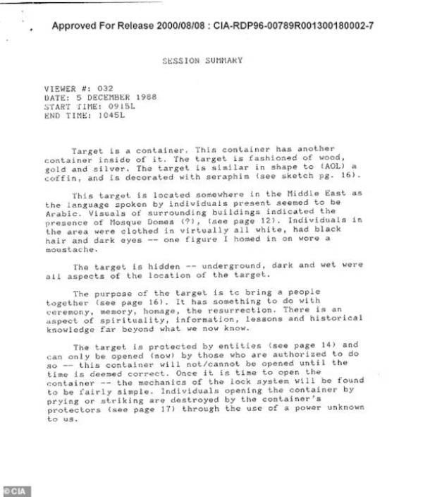 Trải qua nhiều thế kỷ, tung tích của Hòm Giao ước trở thành một bí ẩn lớn mà con người khao khát tìm ra. Gần đây, một hồ sơ CIA được giải mật đề cập khả năng tình báo Mỹ có lẽ đã tìm được thánh tích linh thiêng này vào năm 1988. Ảnh: United States Central Intelligence Agency.