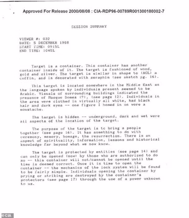 Trải qua nhiều thế kỷ, tung tích của Hòm Giao ước trở thành một bí ẩn lớn mà con người khao khát tìm ra. Gần đây, một hồ sơ CIA được giải mật đề cập khả năng tình báo Mỹ có lẽ đã tìm được thánh tích linh thiêng này vào năm 1988. Ảnh: United States Central Intelligence Agency.