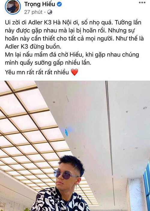 Ca sĩ Trọng Hiếu cũng hủy chương trình để chung tay chống dịch COVID-19.