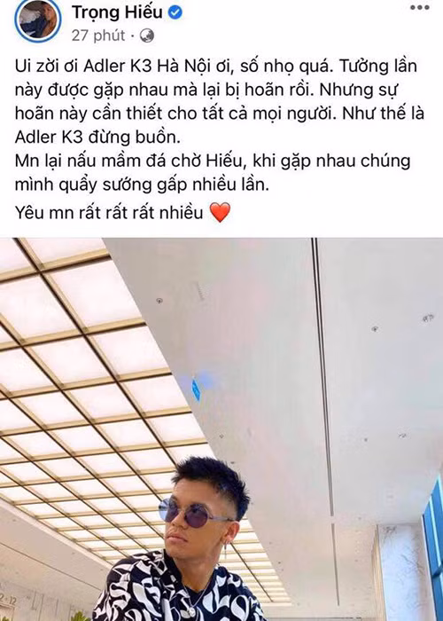 Ca sĩ Trọng Hiếu cũng hủy chương trình để chung tay chống dịch COVID-19.