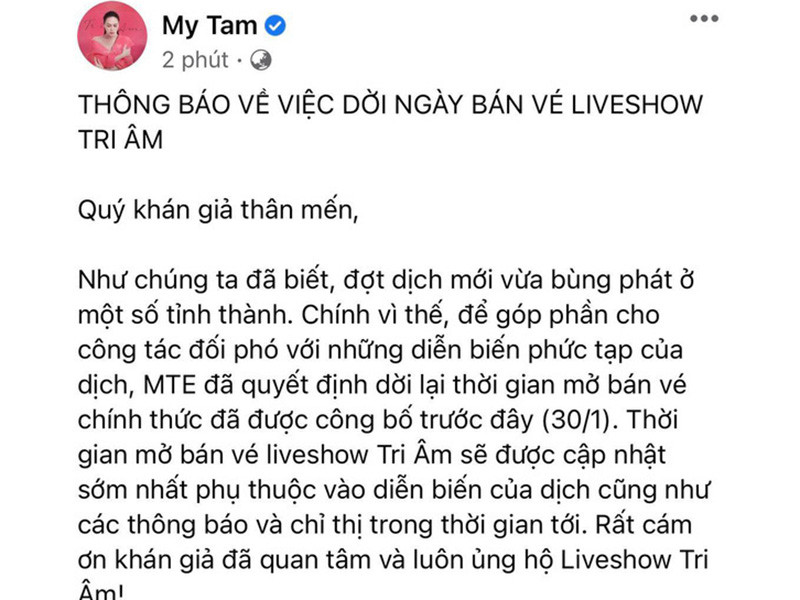 Mỹ Tâm thông báo dời lịch bán vé live show Tri âm.