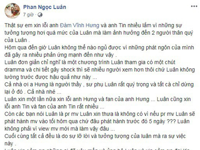 Giữa ồn ào "phản thầy", Phan Ngọc Luân lên tiếng xin lỗi "ông hoàng nhạc Việt". Trên trang cá nhân, Phan Ngọc Luân thừa nhận câu chuyện là do anh lỡ lời và tưởng tượng hơi quá mức.