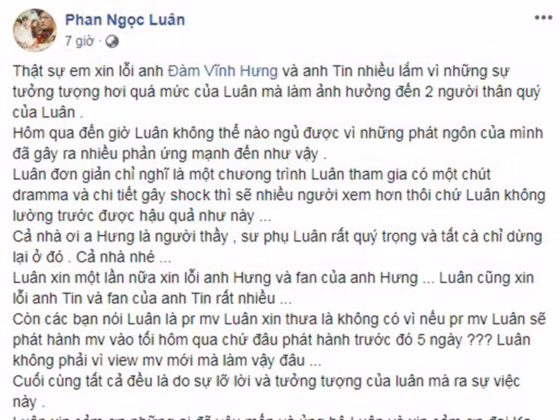 Giữa ồn ào "phản thầy", Phan Ngọc Luân lên tiếng xin lỗi "ông hoàng nhạc Việt". Trên trang cá nhân, Phan Ngọc Luân thừa nhận câu chuyện là do anh lỡ lời và tưởng tượng hơi quá mức.