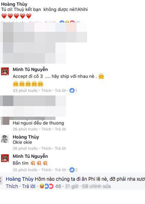 Trùng hợp, 3 năm trước, Hoàng Thùy từng đề nghị Minh Tú chấp nhận lời kết bạn trên Facebook. Từ đó, cư dân mạng nghi ngờ Hoàng Thùy là người âm thầm hủy kết bạn với Minh Tú.