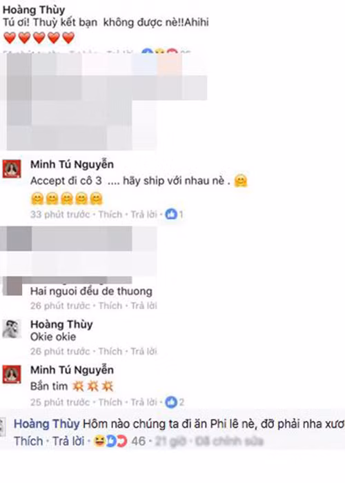 Trùng hợp, 3 năm trước, Hoàng Thùy từng đề nghị Minh Tú chấp nhận lời kết bạn trên Facebook. Từ đó, cư dân mạng nghi ngờ Hoàng Thùy là người âm thầm hủy kết bạn với Minh Tú.