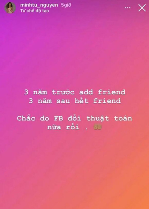 Tin đồn Hoàng Thùy và Minh Tú không còn thân thiết rộ lên khi Minh Tú cho biết, cô vừa bị một người bạn hủy kết bạn trên Facebook trong khi người này 3 năm trước chủ động kết bạn.