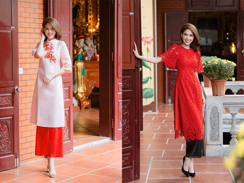 Diện áo dài kín như bưng, chân dài Trà Vinh dịu dàng, e ấp, khác hẳn với phong cách gợi cảm thường thấy.