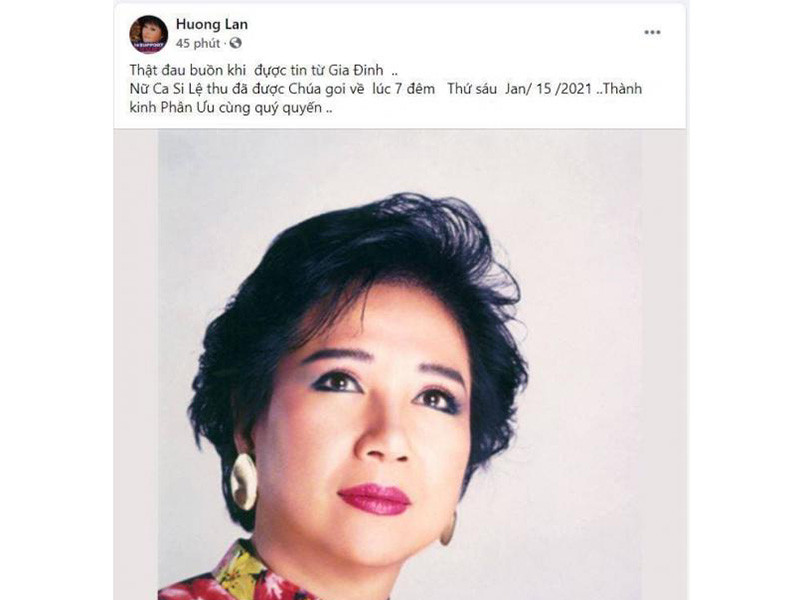 Danh ca Hương Lan đau buồn khi nghe tin dữ từ phía gia đình ca sĩ Lệ Thu.