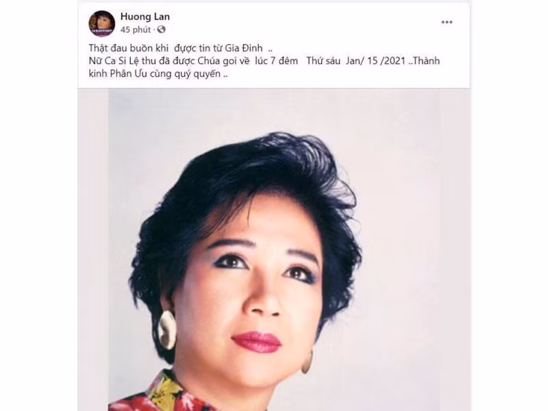 Danh ca Hương Lan đau buồn khi nghe tin dữ từ phía gia đình ca sĩ Lệ Thu.